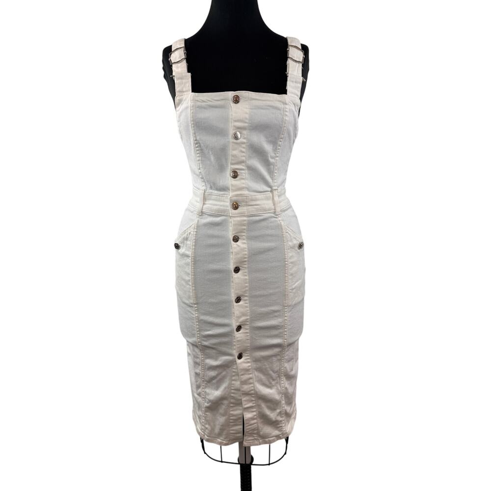 ZARA White Denim Overall Dress Stretch Denim Front Button Size Medium M